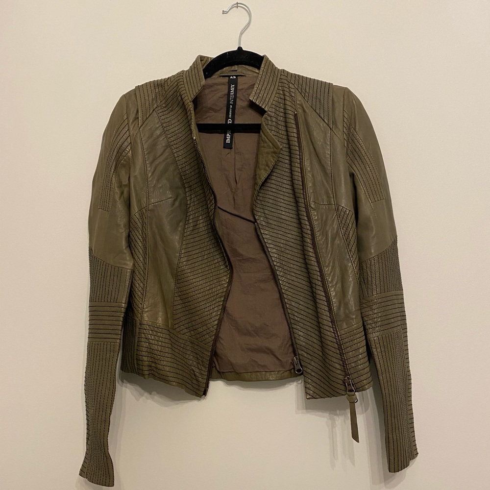 Intermix leather moto jacket in camo-mustard